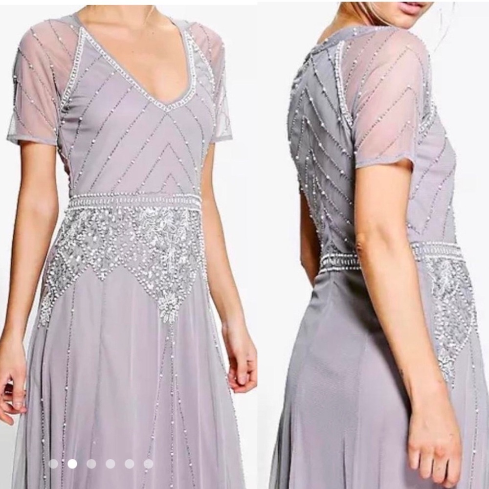 Boohoo Gray Tulle Beaded maxi dress summer formal grad prom Great Gatsby